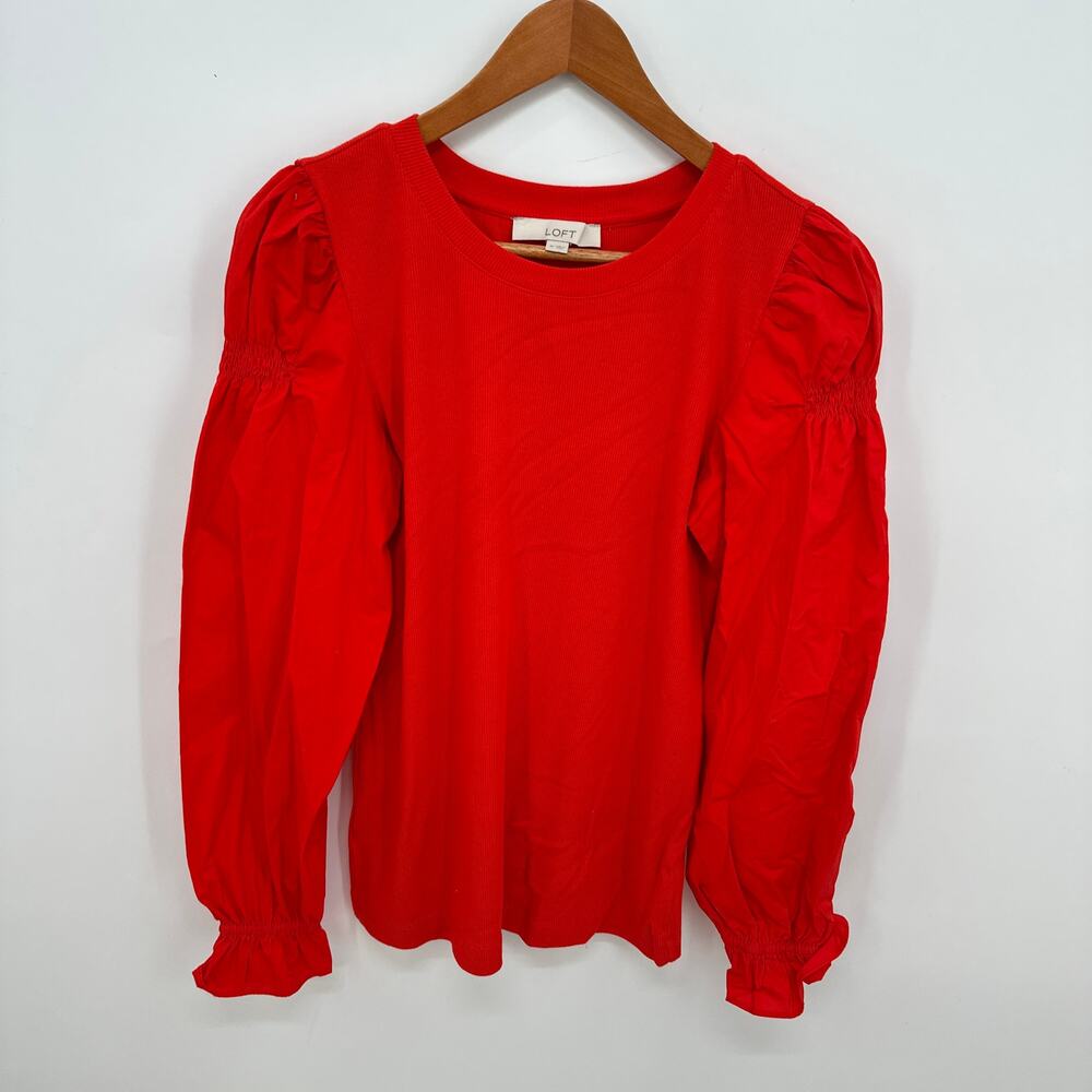 LOFT Smocked Puff Shoulder Red Orange Blouse // M